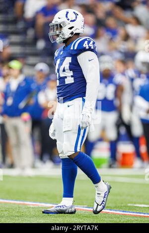 01 octobre 2023 : le linebacker des Colts d'Indianapolis Zaïre Franklin (44) lors d'un match de la NFL contre les Rams de Los Angeles à Indianapolis, Indiana. Los Angeles bat Indianapolis 29-23 en prolongation. John Mersits/CSM Banque D'Images