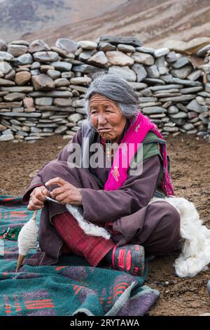 Vieux Changpa nomade filant laine, Ladakh, Inde Banque D'Images