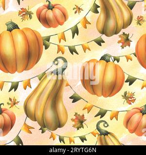 Citrouilles oranges d'automne avec feuilles d'érable et drapeaux de guirlande. Illustration à l'aquarelle, dessinée à la main. Motif sans couture sur un jaune et rose lavages Banque D'Images