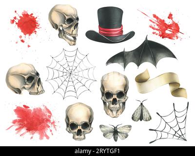 Crânes humains avec des ailes de chauve-souris noires, chapeau haut, taches de sang, toiles d'araignée, mois et rouleau de papier pour les vacances du jour de la mort et Halloween. Aquarelle Banque D'Images