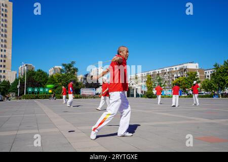 Comté de Luannan, Chine - 22 août 2023 : la représentation de diabolo est exécutée sur un carré. Banque D'Images