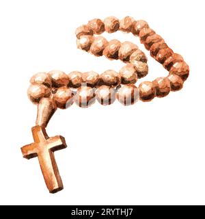 Christian perles de rosaire en bois avec une croix. Illustration d'aquarelle dessinée à la main isolée sur fond blanc Banque D'Images