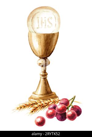 Bol d'or pour le culte chrétien, le blé et les raisins. Concept de la première communion, l'Eucharistie. Illustration aquarelle dessinée à la main isolée sur bac blanc Banque D'Images