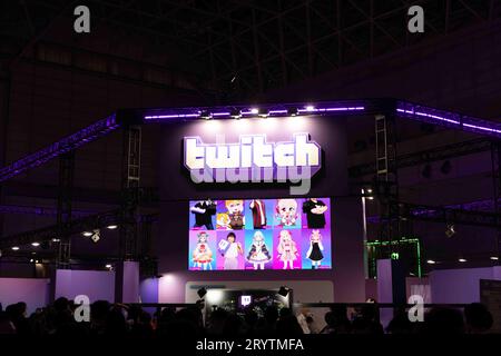 Streaming en ligne plateforme Twitch branding vu au Tokyo Game Show 2023. (Photo Stanislav Kogiku / SOPA Images/Sipa USA) Banque D'Images