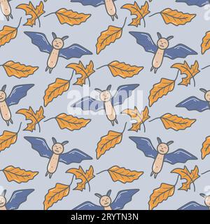 Chauves-souris et feuillage modèle sans couture d'automne. Arrière-plan Halloween. Impression mignonne pour le textile, le papier, l'emballage et la conception pour les vacances d'Halloween, vecteur Illustration de Vecteur