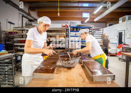 Les deux boulangers travaillent ensemble dans une cuisine de boulangerie à la confection de délicieux gâteaux Banque D'Images