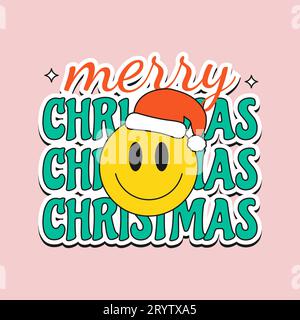 Autocollant rétro groovy avec phrase de Joyeux Noël et visage drôle de dessin animé. Affiche hippie de Noël, imprimé. Illustration vectorielle Illustration de Vecteur