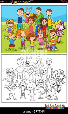 Illustrations de dessins animés de drôle d'âge élémentaire enfants ou de l'adolescence caractères groupe coloriage page Banque D'Images