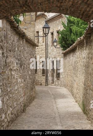 Rue médiévale avec un sol en pierre et une arche en pierre dans la vieille ville de Baeza, l'un des plus beaux villages de la province de Jaen. Andalousie Banque D'Images