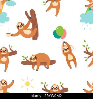 Motif sans couture paresseux de dessin animé. Joli imprimé enfantin avec des ours paresseux. Texture imprimable adorable, drôle animaux sauvages vecteur classe Illustration de Vecteur