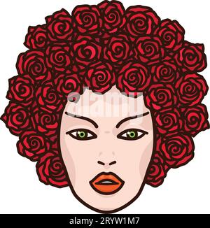 Visage de belle femme avec des fleurs de rose rouge comme ses cheveux isolé illustration vectorielle pour Rose Day le 07 février Illustration de Vecteur