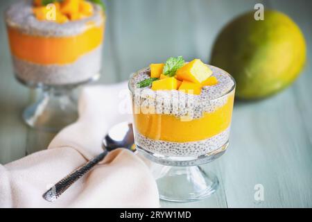 Délicieux pudding de chia à la mangue végétalienne avec des ressorts de menthe fraîche dans un bocal en verre sur un fond en bois vert. Mise au point sélective avec premier plan flou et ba Banque D'Images