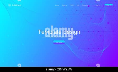 Landing page tech avec arrière-plan dynamique et coloré des ondes hexagonales boîtes. Fond abstrait géométrique avec lignes et points, cube cellule. Site web Illustration de Vecteur