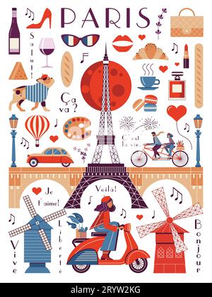 Affiche de voyage Paris Vintage avec Tour Eiffel Illustration de Vecteur