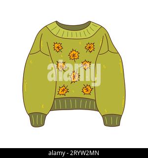 Pull tricoté vert confortable automne avec des feuilles d'érable. Vêtements chauds de saison. Illustration isolée vectorielle colorée avec contour dessiné à la main. Saison d'automne Illustration de Vecteur