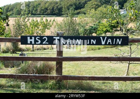 FILE PICS. 2nd October, 2023. Sky News have today, 2nd October 2023, reported from the Conservative Party Conference in Manchester that the High Speed Rail 2 Northern Leg from Birmingham to Manchester has been cancelled. Wendover Dean, Aylesbury, Buckinghamshire, UK. 14th September, 2023. Anti HS2 signs in Wendover Dean, Aylesbury, Buckinghamshire. Construction of the HS2 High Speed Rail Phase 1 from London to Birmingham is continuing in the Chilterns, however, the Euston Terminus has been mothballed due to rising costs. Credit: Maureen McLean/Alamy Live News Stock Photo