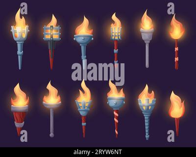 Torches médiévales de dessin animé. Torche magique avec flamme de feu et poignée en bois. Anciennes torches de jeu brûlantes pour le château et l'aventure vecteur nowaday Illustration de Vecteur