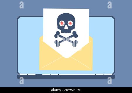 Virus d'email dans le message ou l'email. Service de sécurité pour ordinateur portable, arnaque ou courrier indésirable. Antivirus de trojan, attaque de hacker. Vecteur récent de menace numérique Illustration de Vecteur