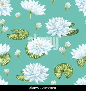 Motif sans couture aquarelle avec belle fleur de lotus. Nénuphars blancs dessinés à la main et feuilles de fond floral. Banque D'Images