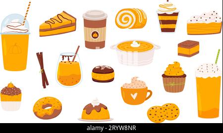 Latte aux épices à la citrouille d'automne. Cupcakes et desserts d'automne, boissons sucrées chaudes en mug et nourriture. Tranche de tarte et beignet, biscuits clipart vecteur snogly Illustration de Vecteur