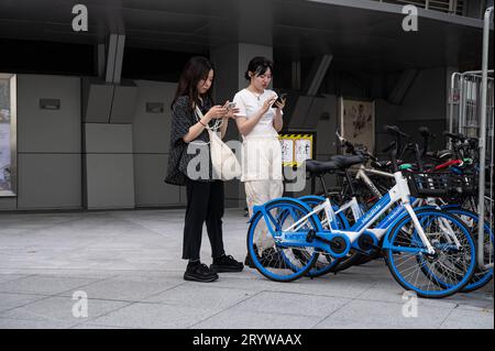 01.08.2023, Singapur, Republik Singapur, Asien - Zwei junge asiatische Touristinnen stehen mit ihren Handys neben abgestellten Leihraedern des chinesischen Fahrradverleihsystems der Firma HelloRide in Marina Bay. Die stationslosen Leihraeder werden von verschiedenen startups im gesamten Stadtgebiet verteilt und koennen mit Hilfe einer App fuer mehrere Stunden ausgeliehen werden. *** 01 08 2023, Singapour, République de Singapour, Asie deux jeunes touristes asiatiques se tiennent debout avec leurs téléphones portables à côté des vélos de location garés du système chinois de location de vélos de la société HelloRide à Marina Bay s Banque D'Images