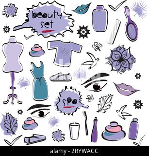 Ensemble d'objets de beauté objets icônes d'éléments avec Spa, Doodles de mode en différentes couleurs - Illustration de conception vectorielle de dessin à la main - Robe Illustration de Vecteur