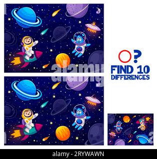 Trouver dix différences jeu, astronaute de dessin animé et extraterrestre dans l'espace de galaxie étoilée, vecteur Kids quiz. Vaisseau spatial Galaxy et OVNI extraterrestre avec martien et Kid Space dans la feuille de travail de l'espace extra-atmosphérique pour trouver la différence Illustration de Vecteur