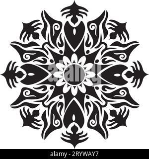 Mandala - Flower Star Soleil Illustration, nature, cercle d'énergie rond Belle symétrie symbole d'harmonie en noir et blanc Illustration de Vecteur