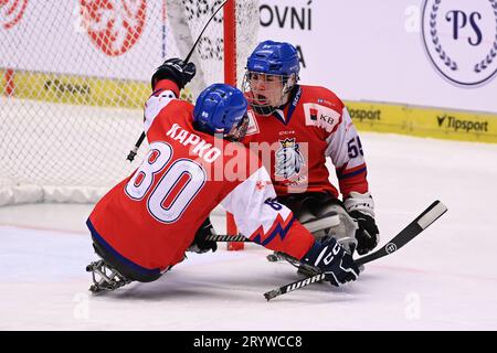 Ostrava, Pologne. 02 octobre 2023. De gauche à droite Tchèque Filip Vesely et Lukas Kapko célèbrent leur but lors du match de la coupe internationale de para-hockey 2023 République tchèque vs Canada à Ostravar Arena à Ostrava, République tchèque, le 2 octobre 2023. Crédit : Jaroslav Ozana/CTK photo/Alamy Live News Banque D'Images