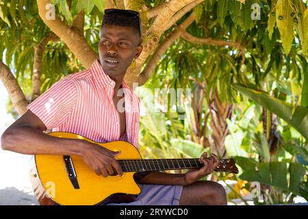 Homme biracial jouant de la guitare assis à l'ombre d'un arbre sur la plage ensoleillée Banque D'Images