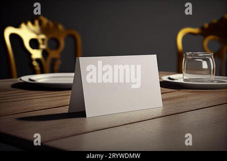 Carte de table de papier vierge sur la table en bois sur fond de barre Banque D'Images