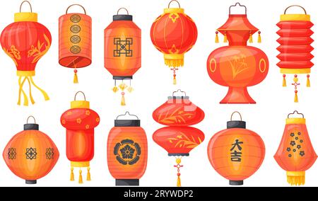 Lanternes suspendues rouges. Lanterne chinoise de dessin animé, lampe de lumière de papier de rue chinatown culture, décoration orientale traditionnelle de festival au japon chine, illustration vectorielle soignée de décoration de festival Illustration de Vecteur