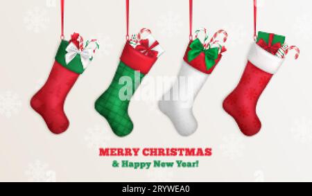 Bannière de Noël en bas. chaussette santa 3d, bas suspendus avec cadeau à l'intérieur sur la veille de noël, chaussettes festives réalistes pour les vacances d'hiver traditionnelle, illustration vectorielle décente de chaussette cadeau de noël Illustration de Vecteur