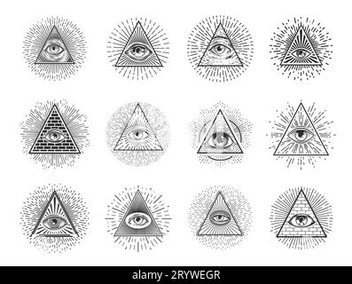 Les yeux illuminati et les triangles pyramidaux maçons, la providence et les symboles vectoriels occultes. Signes de franc-maçonnerie et icônes de société secrète de pyramides maçons avec oeil de providence pour l'alchimie ésotérique et la magie Illustration de Vecteur