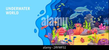 Landing page avec des dauphins de bande dessinée dans la mer, paysage sous-marin découpé en papier, modèle de site Web vectoriel. Fond de paysage de papier découpé d'océan ou sous-marin avec des poissons de récif corallien et des algues pour la page d'atterrissage Illustration de Vecteur