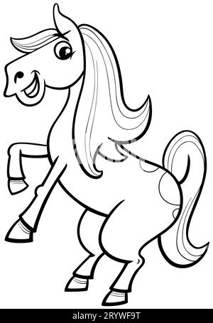 Dessin animé noir et blanc de page de coloriage de caractère animal de ferme de cheval ou poney drôle Banque D'Images