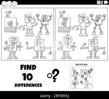 Dessin animé noir et blanc illustration de trouver les différences entre les images activité éducative avec robots caractères groupe coloriage page Banque D'Images