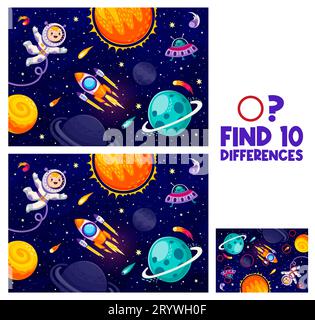 Trouvez dix différences dans le paysage du système solaire avec astronaute de dessin animé, extraterrestre et fusée, jeu de quiz vecteur enfants. Planètes de l'espace extra-atmosphérique et vaisseau spatial d'OVNI de galaxie sur la feuille de travail pour faire correspondre et trouver des différences Illustration de Vecteur