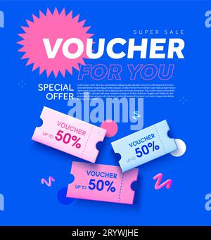 Coupon pour vous modèle de bannière avec des coupons de 50 pour cent. Concept de publicité d'événement d'offre de prix spécial. 3d rendu chèques-cadeaux isolés sur fond. illustration vectorielle 3d. Illustration vectorielle Illustration de Vecteur