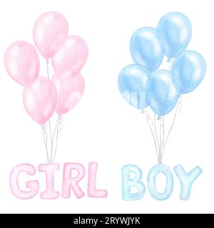 Bundle de ballons rose bleu, mots garçon fille, surprise d'anniversaire. Illustration d'aquarelle dessinée à la main isolée sur fond blanc. Soirée de révélation du genre, ba Banque D'Images