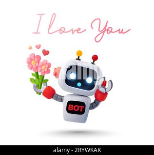 modèle de bannière chatbot de cœur doux 3d avec robot tenant la fleur. 3d rendu mignon et belle icône de robot, isolé sur fond blanc. Je t'aime emoji concept. illustration vectorielle 3d. Illustration vectorielle Illustration de Vecteur