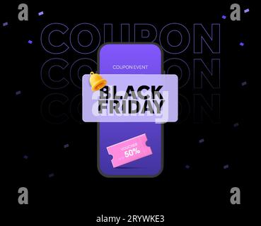 Black friday sur modèle de bannière mobile avec smartphone, coupon cadeau ou bon, badge de notification, sur fond sombre. Prix spécial réduit. smartphone rendu 3d avec notification, isolé. Vecteur. Illustration vectorielle Illustration de Vecteur