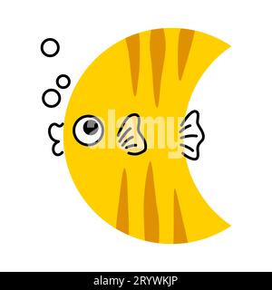 Personnage animal de poisson de dessin animé avec la forme mathématique. Forme de base de caractère d'animal de mer, éducation d'enfant d'école math autocollant vecteur isolé ou poisson caractère drôle figure géométrique en croissant ou en demi-cercle Illustration de Vecteur