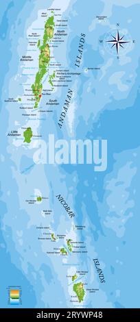 Carte physique très détaillée des îles Andaman et Nicobar en format vectoriel, avec toutes les formes de relief, les régions et les grandes villes. Illustration de Vecteur