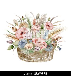 Illustration à l'aquarelle d'un bouquet de fleurs d'automne sec dans un panier, dans des couleurs chaudes d'automne sur un fond blanc, dessiné à la main Banque D'Images