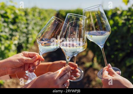 Faire un toast de fête avec du vin mousseux. Les mains des femmes tiennent des verres de champagne Banque D'Images