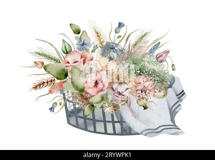 Illustration à l'aquarelle d'un bouquet de fleurs d'automne sec dans un panier, dans des couleurs chaudes d'automne sur un fond blanc, dessiné à la main Banque D'Images