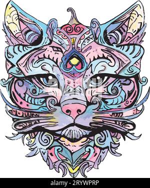 Illustration de visage de chat, dessin au trait multicolore, dessiné à la main Illustration de Vecteur