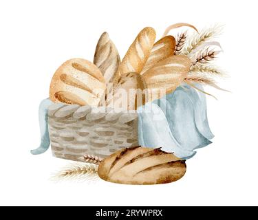 Illustration à l'aquarelle du pain dans un panier. Miche de pain, baguette, pain maison. Dessiné à la main sur un fond blanc. Banque D'Images