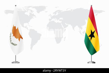 Drapeaux de la République de Chypre et du Ghana pour la réunion officielle sur fond de carte du monde. Illustration de Vecteur